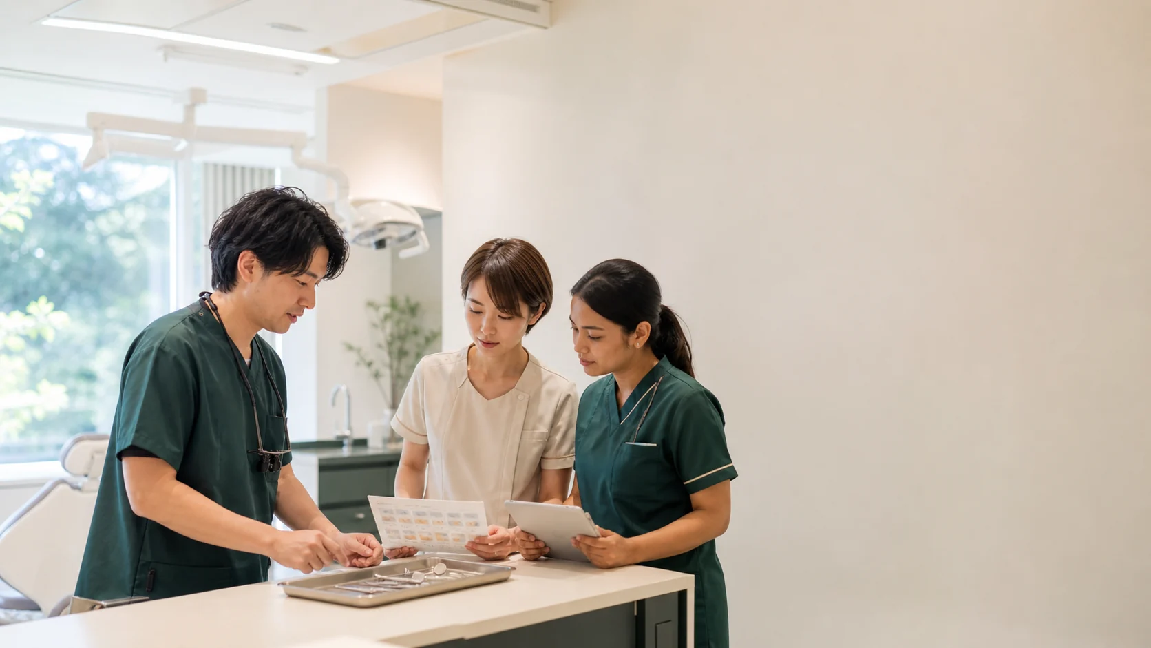 歯科スタッフが器具と手順を確認する様子
